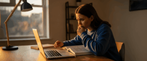 A young female student sits at her desk studying with her laptop and a text book at sunset.