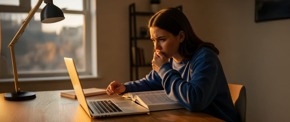 A young female student sits at her desk studying with her laptop and a text book at sunset.