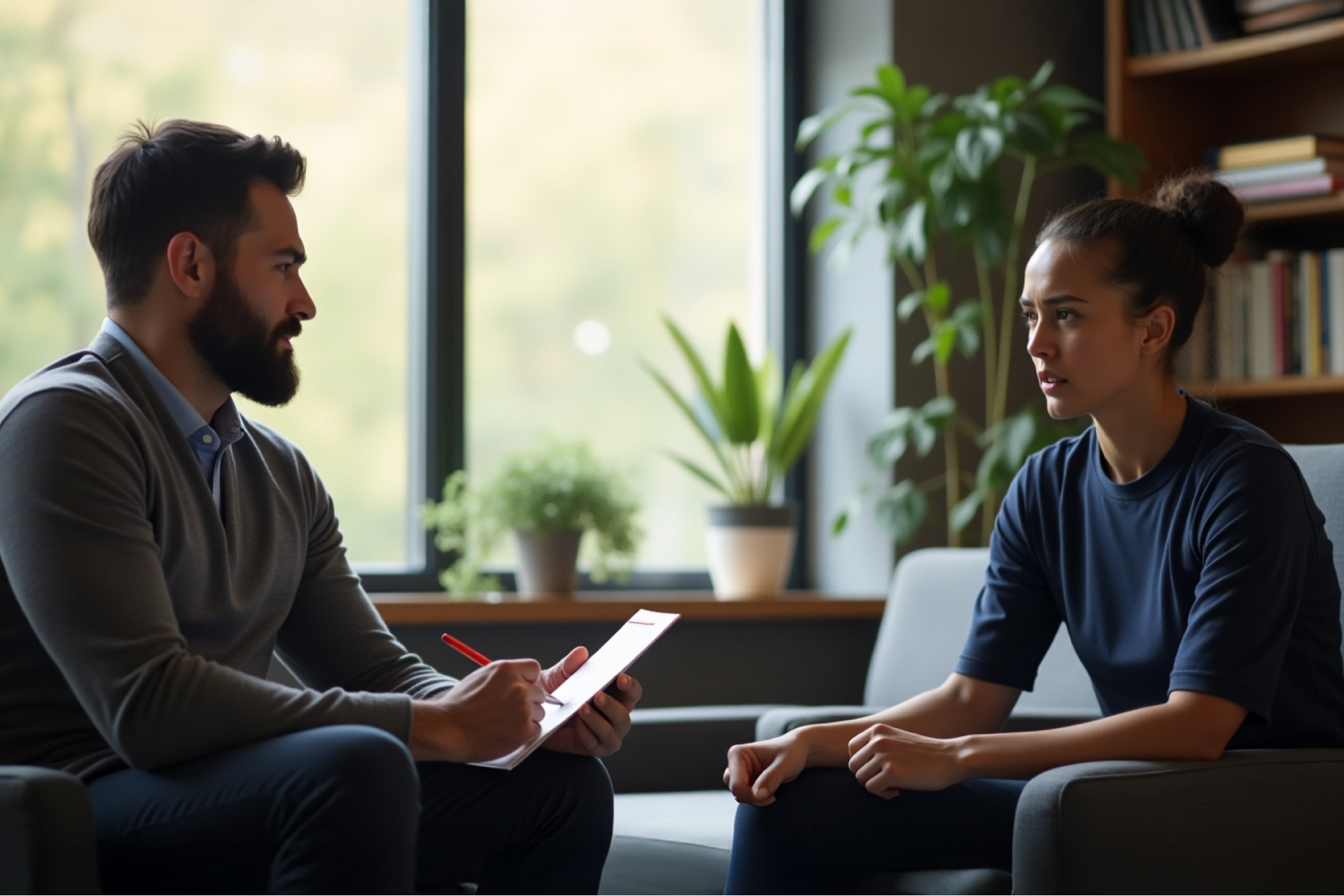 Man and woman speaking in an office.