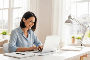 Woman in a blue blouse typing on a laptop.