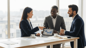 Three business people discussing a plan