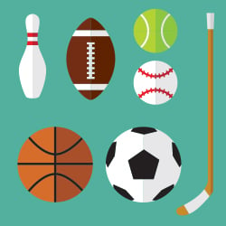Bowling pin, football, tennis ball, baseball, hockey stick, basketball, soccer ball