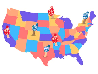United States colorful map with illustrated foam fingers placed on different states.