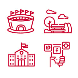 Icons for stadium, park, school and social media