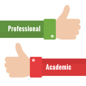 Illustration with arm facing to the right with a thumb up and the word professional on the sleeve. A second arm facing to the left with a thumb up and the word academic on the sleeve.