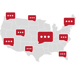 United States map with chat bubbles placed on different states.