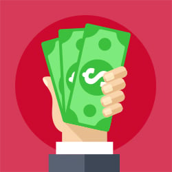 The hand of a professional with suit sleeve holding green dollars in cash in front of a red circle background